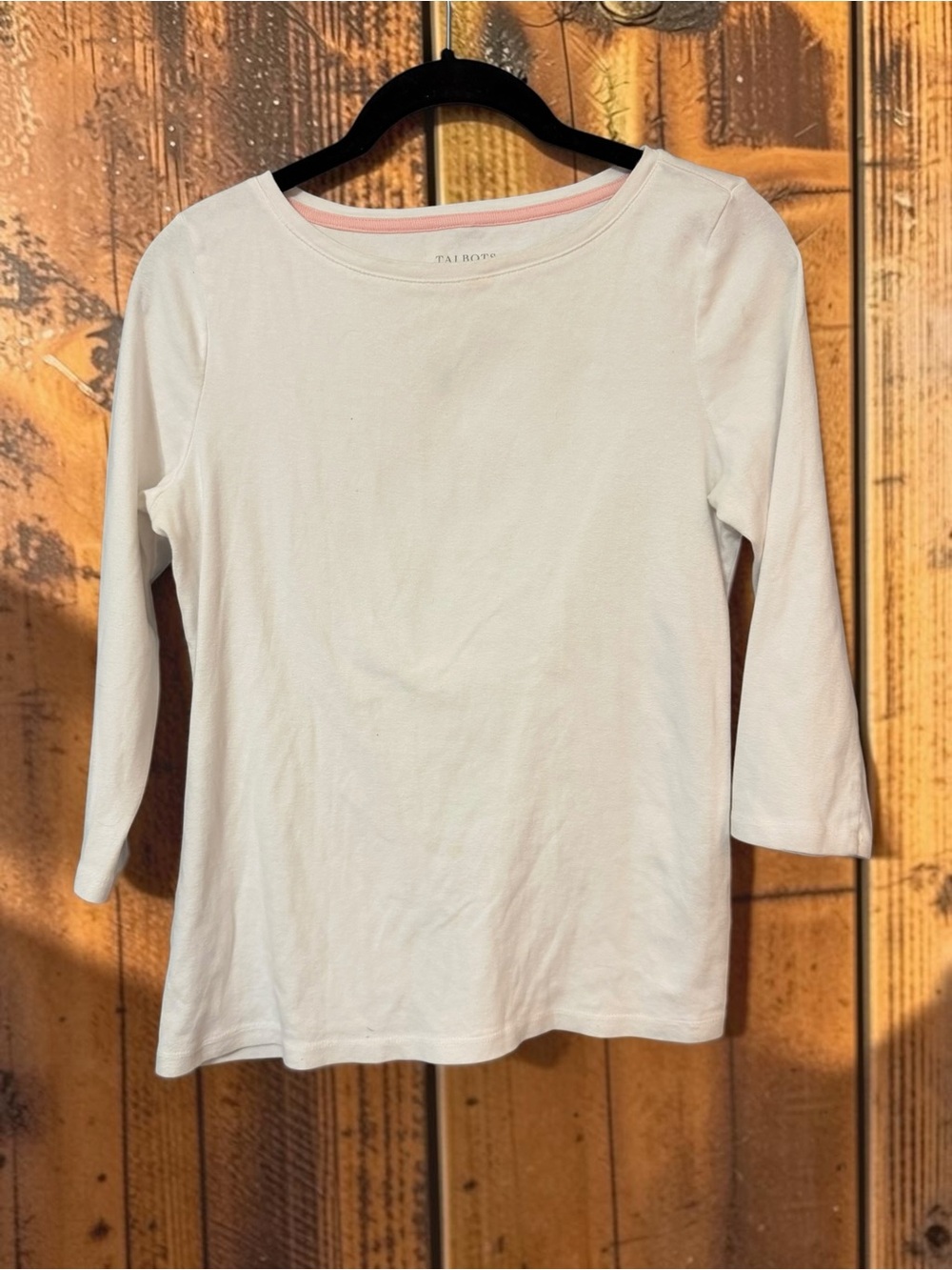 Talbots Petites White Boat Neck Top Pink Trim 3/4 Sleeve Sp Cotton